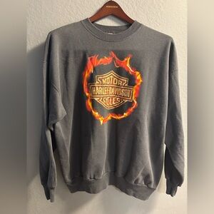 Vintage 1997 Harley Davidson Classic Logo Flaming Graphic Grey Pullover Crewneck
